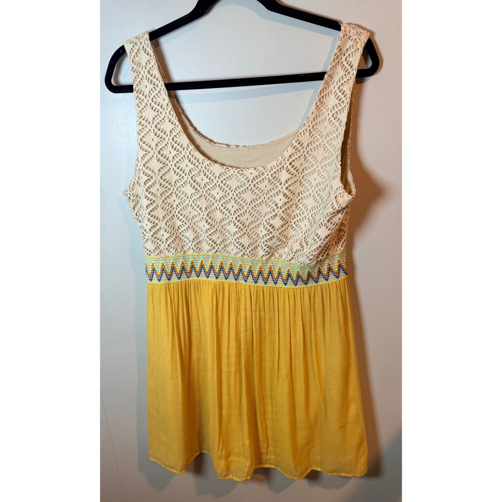 Lily Rose XL Yellow Mini Dress Crochet Lace Top Boho Embroidered WaistSleeveless - Picture 2 of 7